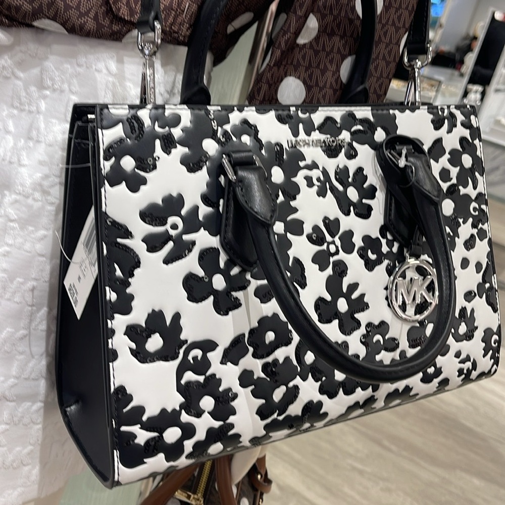 Michael Kors Sheila Md Sequined Floral Print CZ Satchel & JST Md Bi-Fold Wallet - Picture 15 of 16